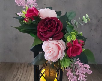 Lantern Centerpiece for Table, Lantern Swag, Lantern Topper, Burgundy Swag, Tabletop Arrangement, Roses Ranunculus Eucalyptus Lantern Swag