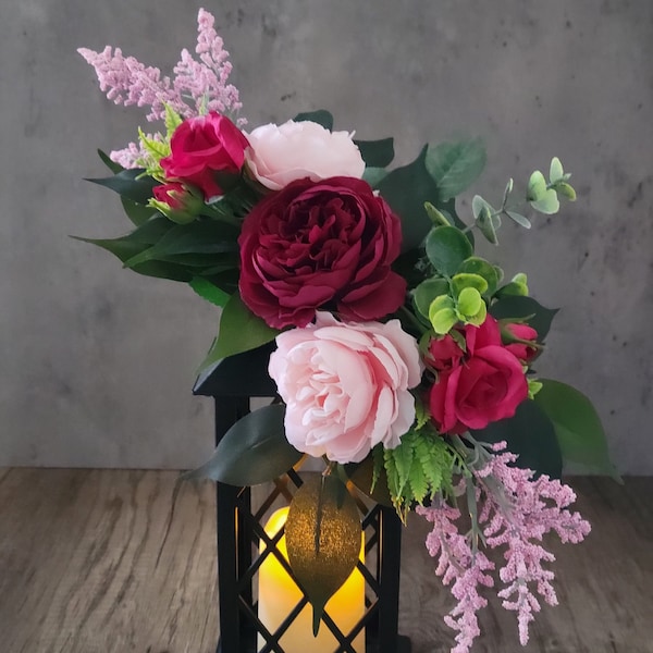 Lantern Centerpiece for Table, Lantern Swag, Lantern Topper, Burgundy Swag, Tabletop Arrangement, Roses Ranunculus Eucalyptus Lantern Swag