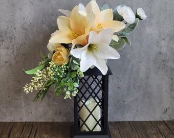 Lantern Centerpiece for Table, Lantern Swag, Lantern Topper, Farmhouse Swag, Tabletop Arrangement, White Lilies Swag, Yellow Lilies Swag