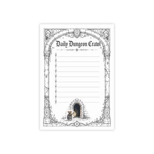 May include: A rectangular notepad featuring a black and white illustration of a stone archway with the text Daily Dungeon Crawl at the top. A small mouse holding a lantern stands before a dark tunnel entrance at the bottom of the lined page.