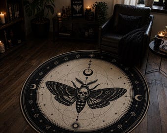 Totenkopf Motte Runder Teppich | Okkultes Motten Mandala, Himmlische Mond Symbole