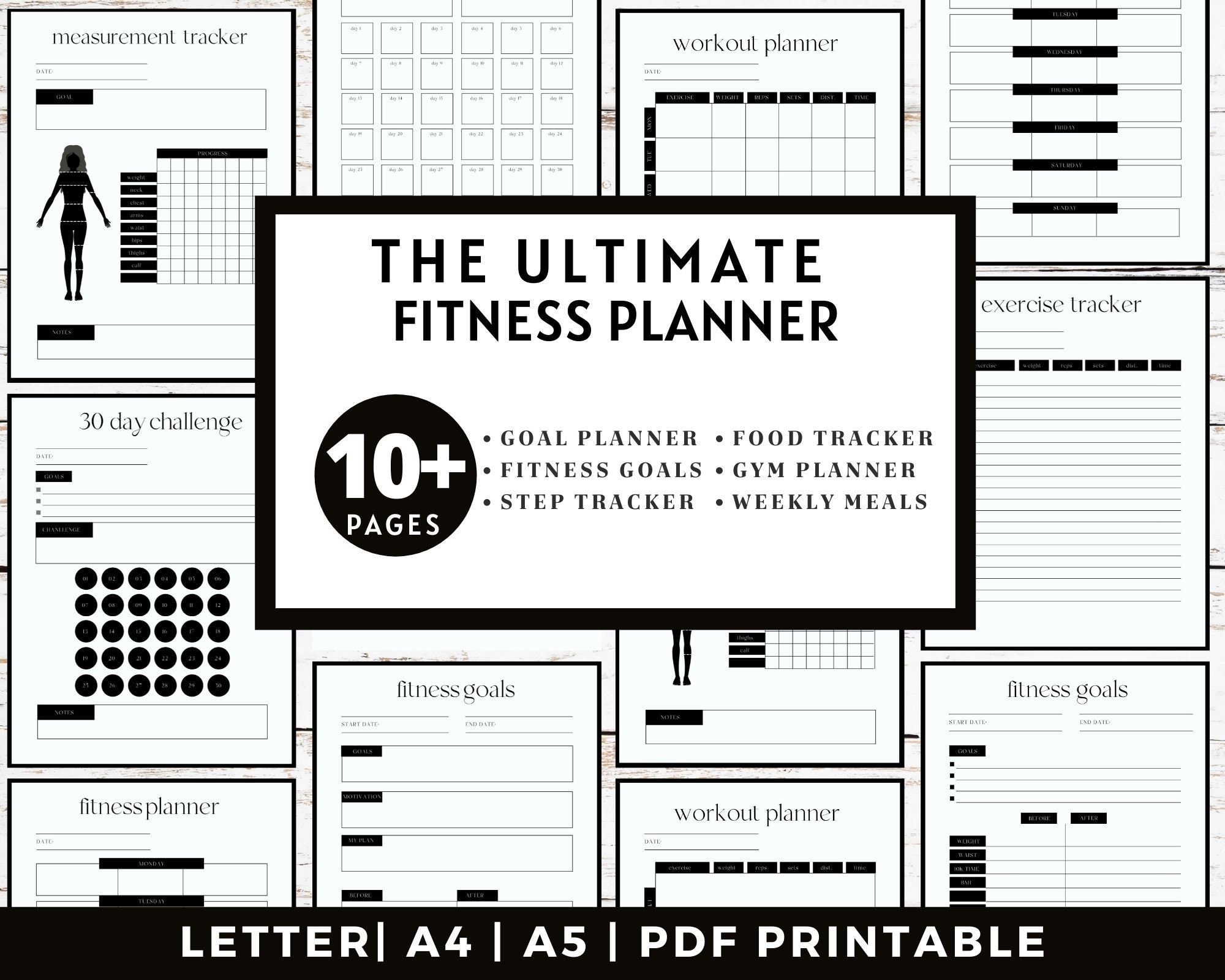 Paper A4 A5 Journal Template PDF Black Mini Fitness Planner Gym Journal ...