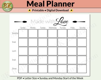 Meal Planner Printable, Weekly Food Diary, Meal Tracker, Food Journal, Menu Plan & Prep, Meal Prep, Weekly Meal Planner, Diet, Health