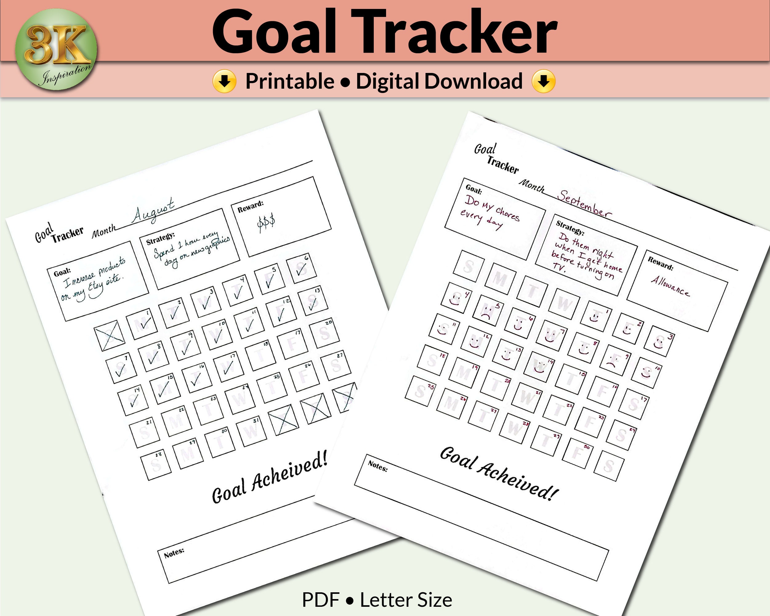 Printable Goal Tracker, Digital Download, Habit Tracker, Monthly Goal