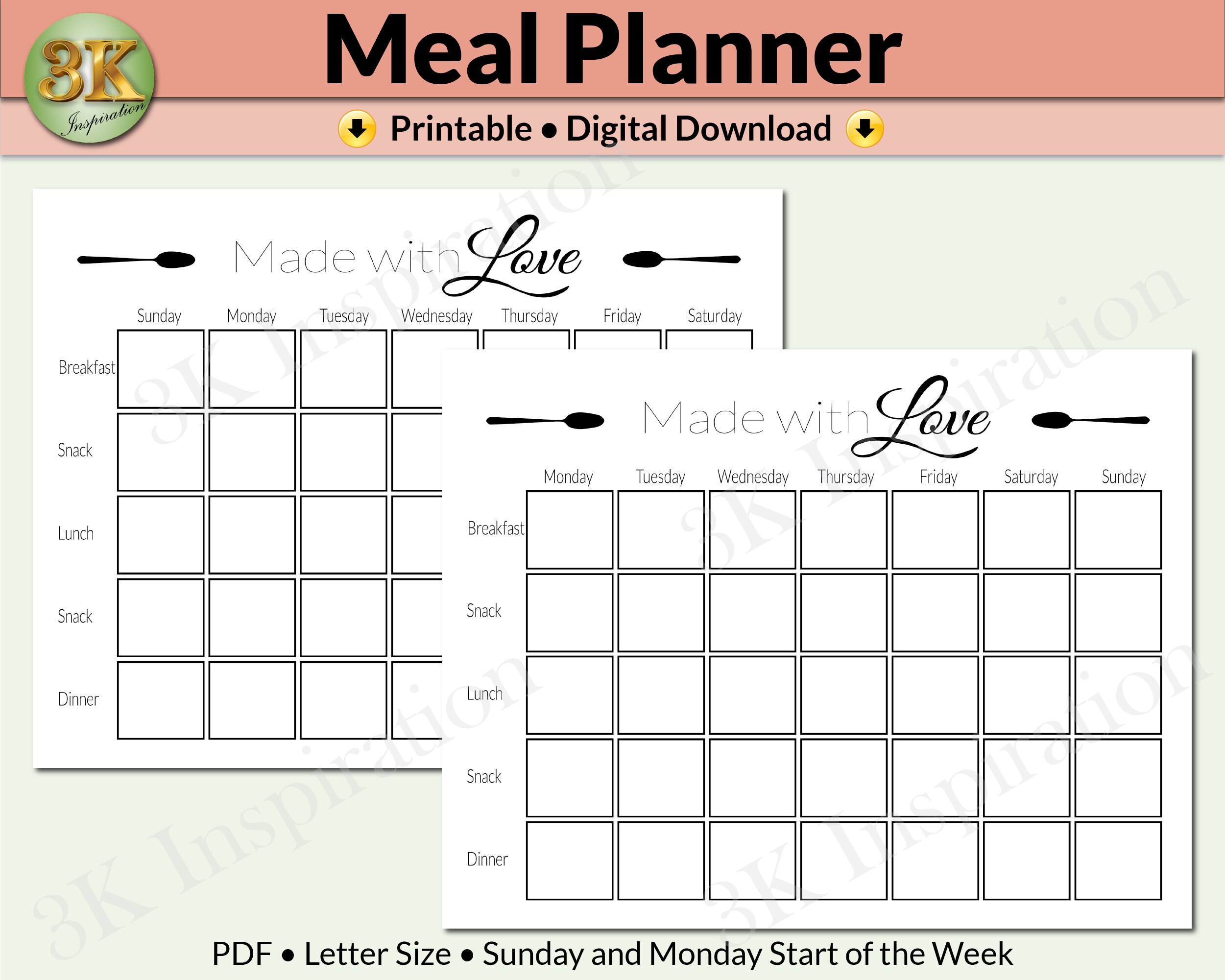 Meal Planner Printable, Weekly Food Diary, Meal Tracker, Food Journal ...