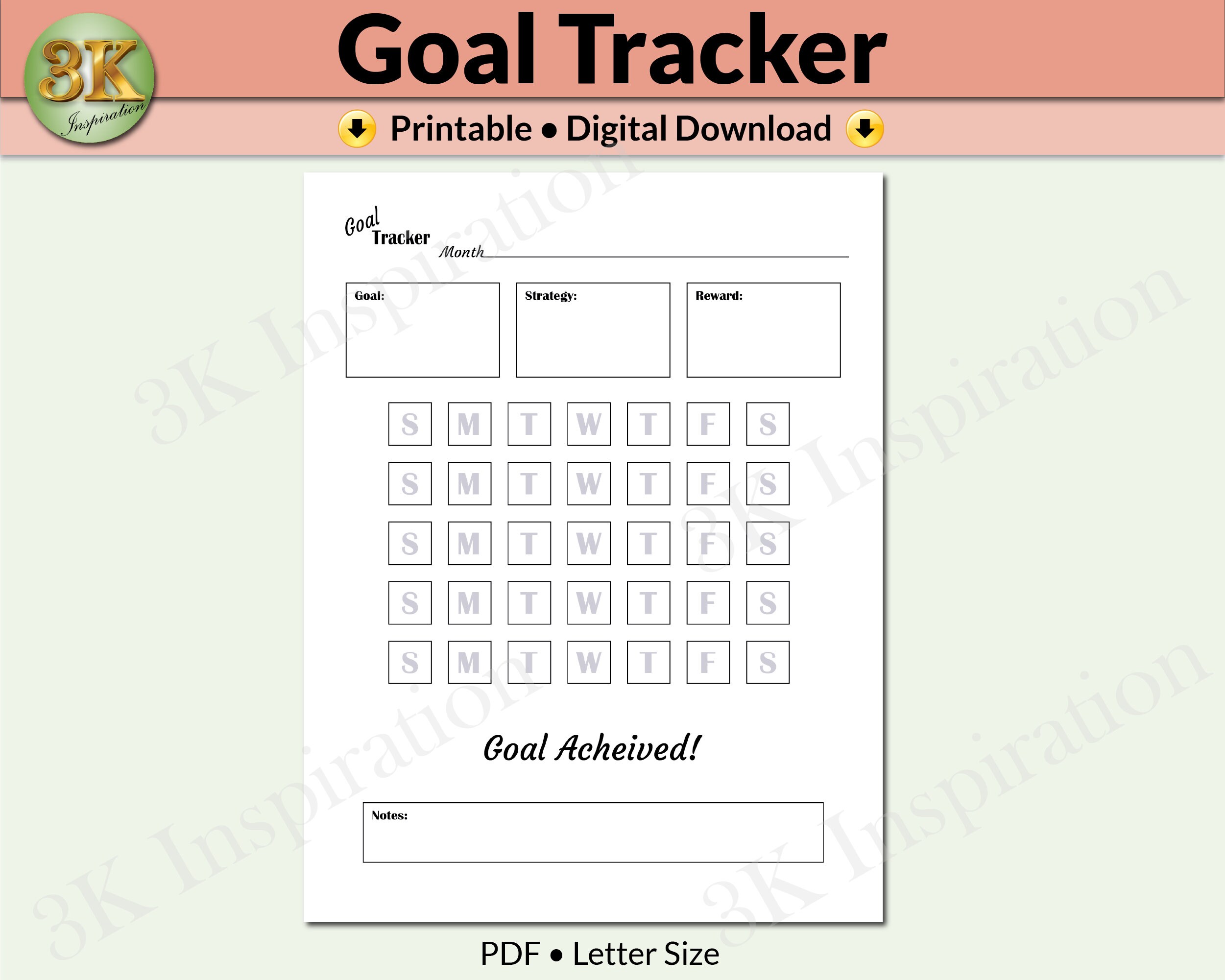Printable Goal Tracker, Digital Download, Habit Tracker, Monthly Goal