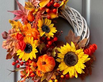 Autumn Pumpkin Wreath: Fall Foliage, Maple Leaves & Pine Cones