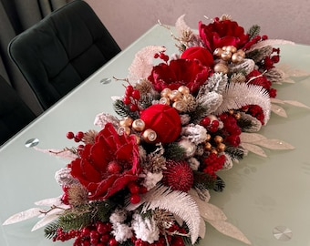 Luxury Christmas Table Centerpiece: Red, White & Gold Ornament Arrangement
