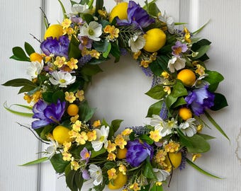 Corona de limones y flores silvestres: Decoración de verano para la puerta principal (45 cm)