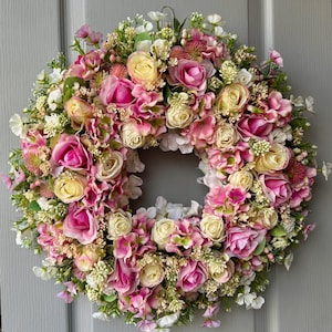 Large Pink Rose Wreath: Spring Summer Floral Door Decor