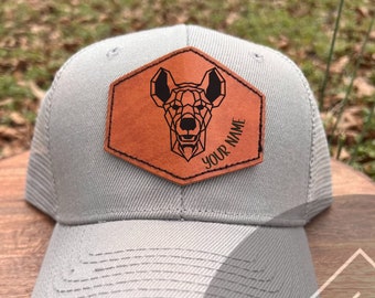 Hyena engraved trucker hat, hyena Leather Engraved Hat, Birthday Gift, Hyena gift trucker hyena, Hyena Leather Patch Hat for him Hyena patch