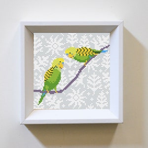 Budgerigar cross stitch pattern, Australian bird, green parrot, PDF download