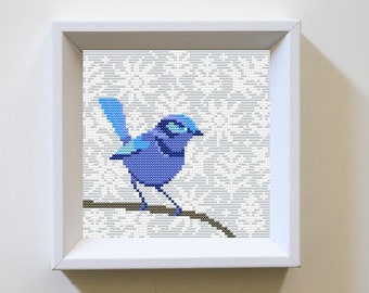Splendid Wren cross stitch pattern, Australian bird, blue fairy wren, PDF download, easy