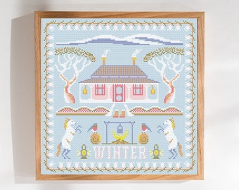 Winter cross stitch pattern, seasonal sampler, Australian mountains, PDF download