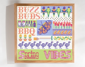 Spring vibes cross stitch pattern, seasonal sampler, PDF download
