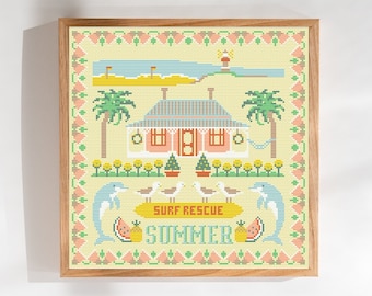 Australian Summer cross stitch pattern, seasons of the year, beach life, PDF download