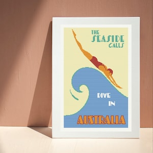 Póster Vintage Seaside, patrón punto de cruz, diseño australiano, descarga PDF