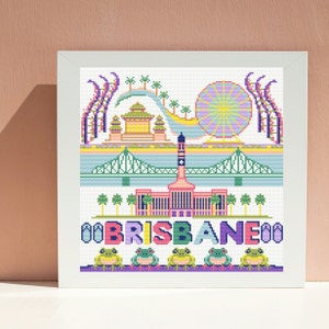 Brisbane cross stitch pattern, Australian city, travel poster, PDF download