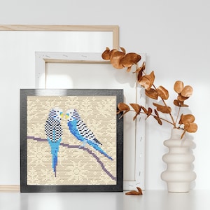 Blue Budgerigar cross stitch pattern, Australian bird, blue parrot. PDF download