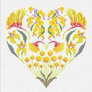 Puede incluir: Un patrón de punto de cruz en forma de corazón con flores amarillas, rojas y verdes. Las flores están dispuestas de forma simétrica, con las flores amarillas formando el centro del corazón.