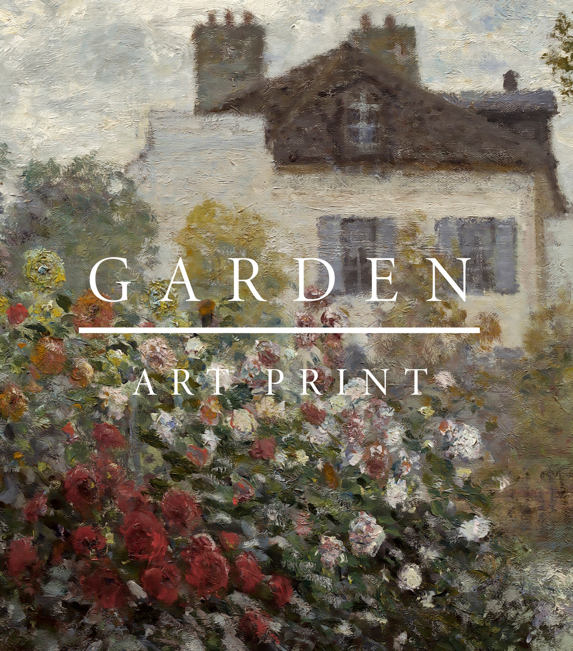 Cottage Oil Painting Rose Garden Wall Art Summer Vintage Muted Print ...