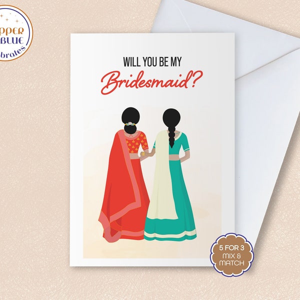 Will You Be My Bridesmaid? | Indian Themed Wedding Greeting Card | Unique Desi Shaadi Illustration | Deluxe Card & Envelope | Free Delivery