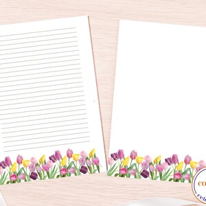 Papel imprimible de tulipán forrado y sin forro A4 / Hojas de escritura de primavera / Papelería floral / Descarga digital instantánea PDF