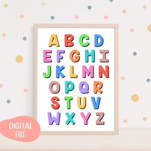Alphabet poster printable wall art, ABC nursery wall art, Educational ABC poster, rainbow alphabet for classroom decor, digital download