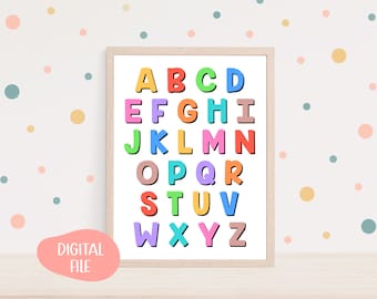 Alphabet poster printable wall art, ABC nursery wall art, Educational ABC poster, rainbow alphabet for classroom decor, digital download