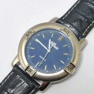 BIJOWIN watch with blue dial, blue alligator strap with white stitching