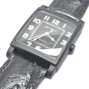 YVES LAFFOND square watch, black case, black dial and leather strap and buckle