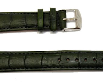 18mm, 20mm, Dark olive green domed genuine cowhide leather watch strap