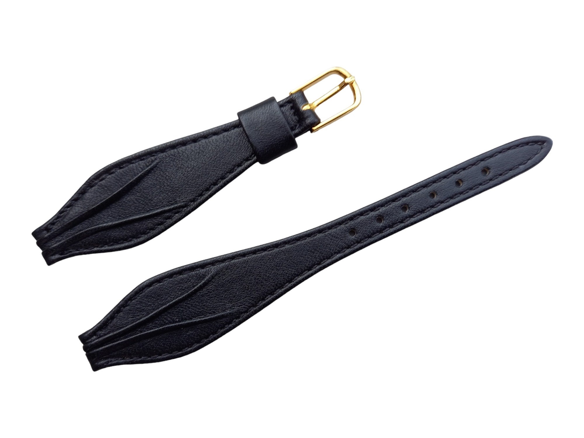 12mm Black leather watch strap with formal stitching