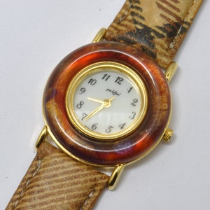 YVES LAFFOND round watch with leather strap, metal and acetate case