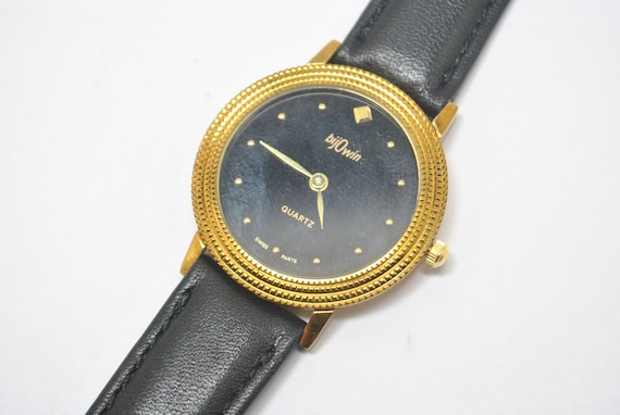 Ultra thin Watch Black Dial Diamond plated Gold Case Etsy Canada