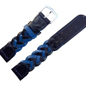 18mm, Bracelet montre cuir fait mains tresse noir et bleu