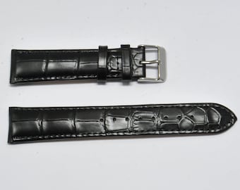 20mm, black domed genuine cowhide leather watch strap.