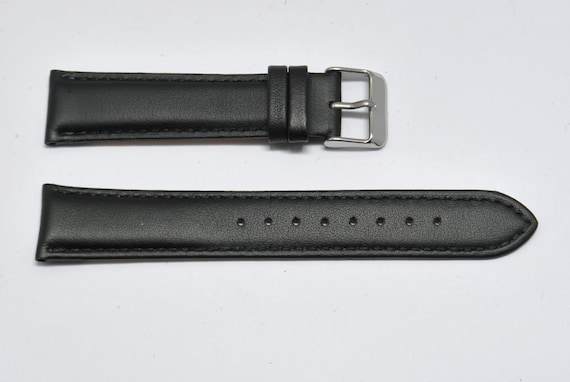 20mm, Smooth Leather Watch Strap, Black Domed Genuine