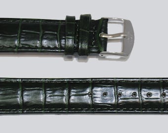 18mm, 20mm, Dark green curved genuine cowhide leather watch strap