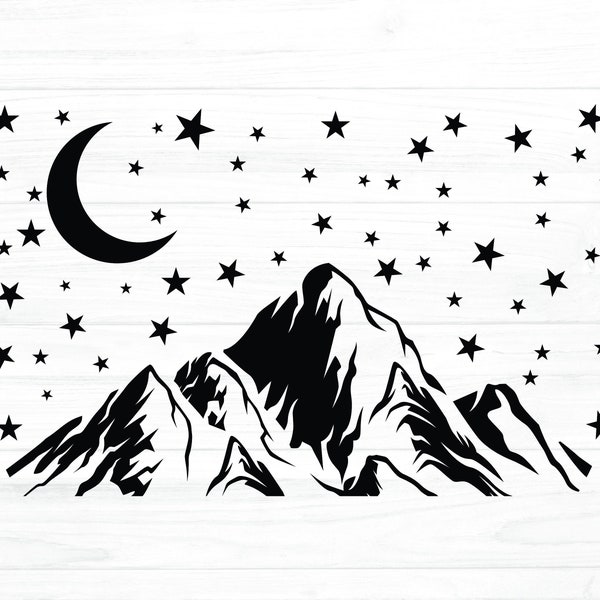 Illustration of mountain landscape and starry night, mountain Svg, Starry night, landscape Svg, Forest Svg for Sublimation Or Cutting files