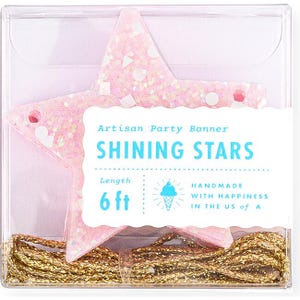 Pink Glitter Star Banner – 6ft Fabric Star Garland with Gold Twine, Reusable Party Decoration for Birthday, Baby Shower, Holiday