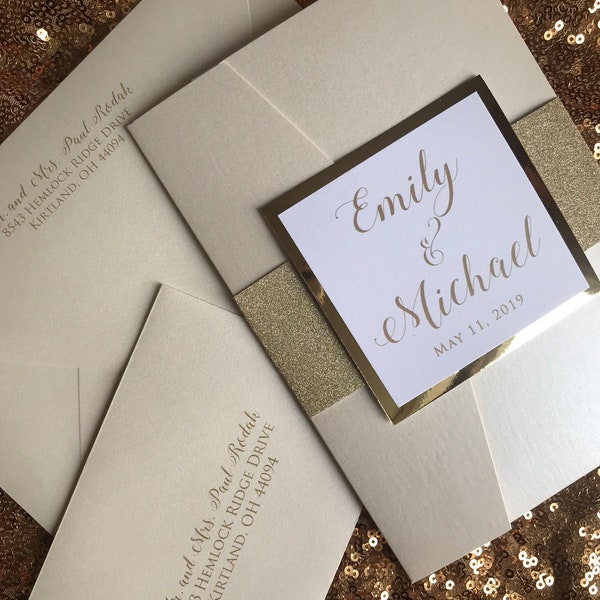 Champagne and Gold Pocket Wedding Invitations - Gold Wedding Invitation Suite - Pocketfold Wedding Invites