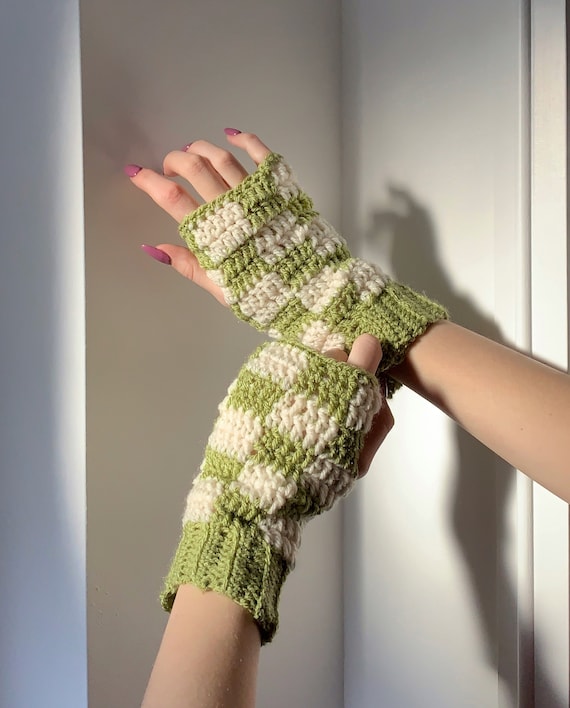 Checker Crochet Hand Warmers / Hand Crocheted Fingerless Gloves