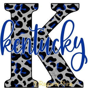 May include: A grey and blue leopard print letter K with the word "kentucky" written in blue cursive script below it.