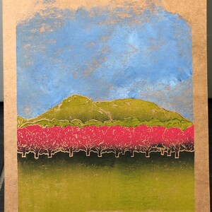 Stampa linoleografica "The Meadows" di Edimburgo. Firmata. Edizione 11/50. Su cartoncino marrone A4 da 300 g.