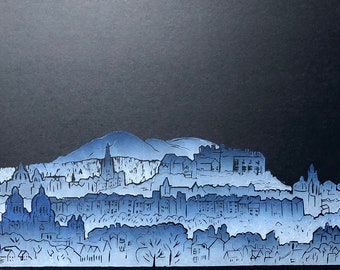 Edinburgh Skyline from the West. Linocut print. Blue & White fade on Black. A4 size.