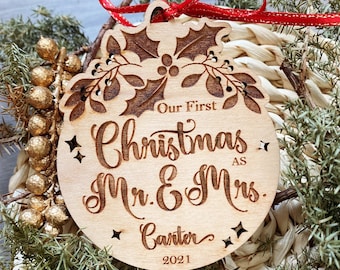 Wood Personalised Christmas Bauble . First Christmas Ornament . Mr and Mrs Ornament 2023 . Wood Newlywed Ornament . Just Married Ornament