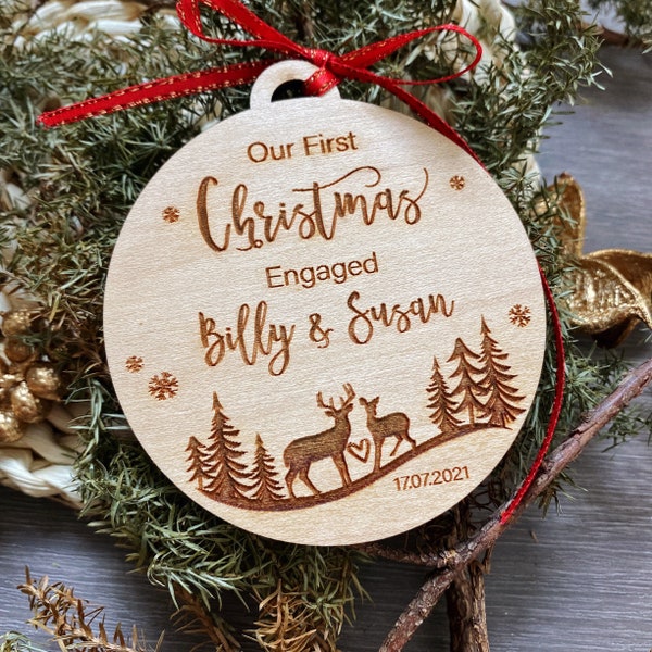 Our First Christmas Engaged . Personalised First Christmas Engaged Wood Ornament 2023 . Engagement Gift . Wood Engaged Christmas Ornament