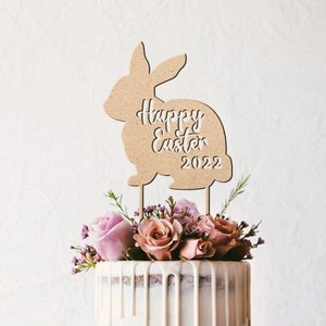 Personalized Wooden Easter Cake Topper / Custom Bunny Ears Easter Cake Topper / 2024 Happy Easter Bunny / Easter Egg Cake Topper Decor image 1