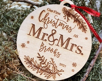 Our First Christmas As Mr and Mrs Ornament . Personalised Christmas Ornament 2023 . Wood Newlywed Ornament . Just Married Ornament